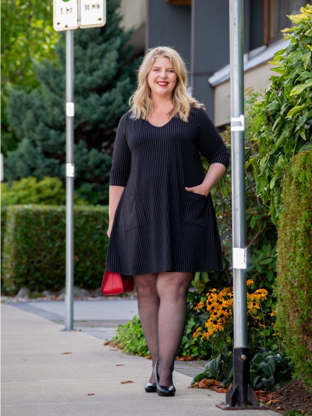 Blue Sky Black Pinstripe Tunic Dress with 3/4 Sleeves